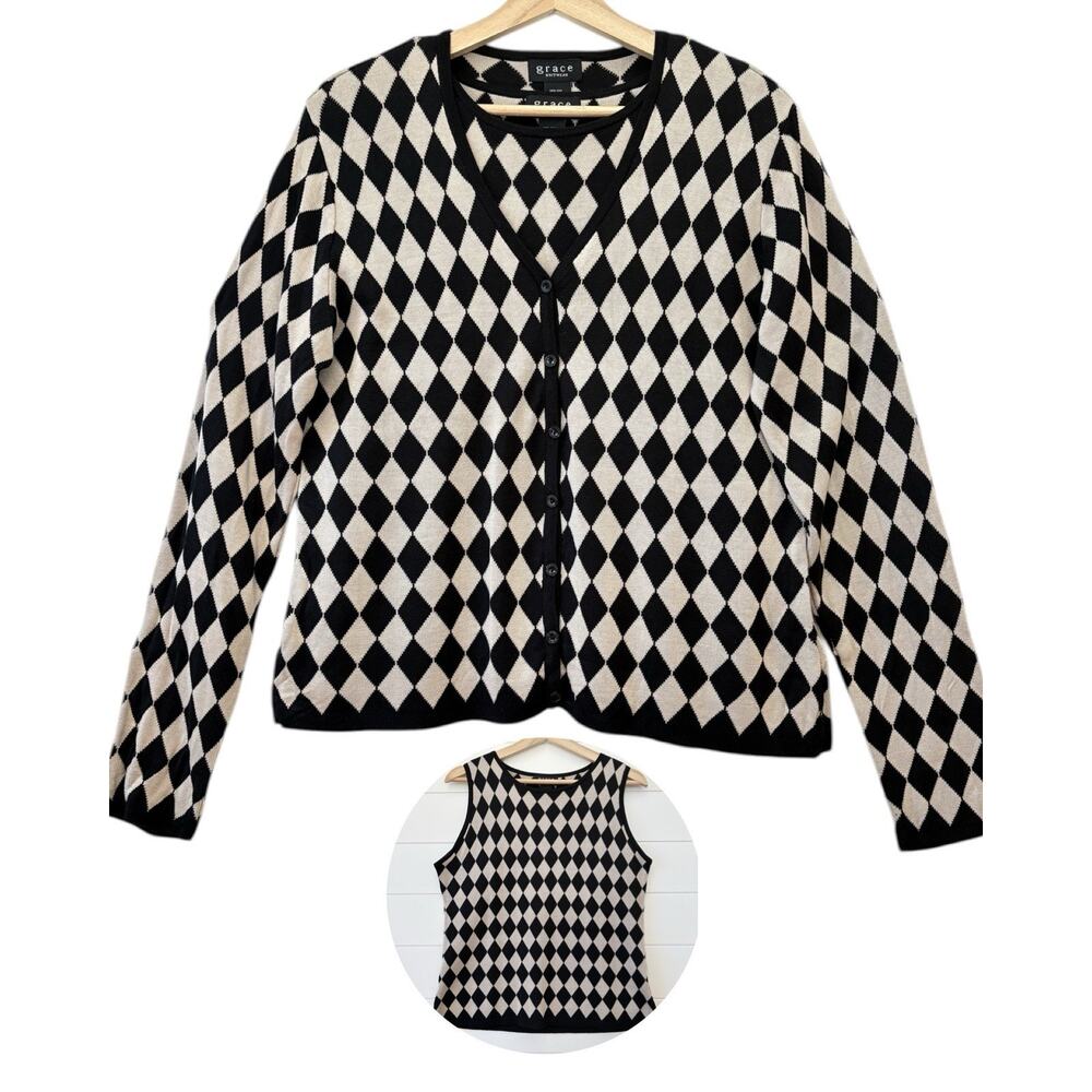 Grace Knitwear Silk Blend Diamond Argyle Cardigan Sweater Tank 2 Piece Set L